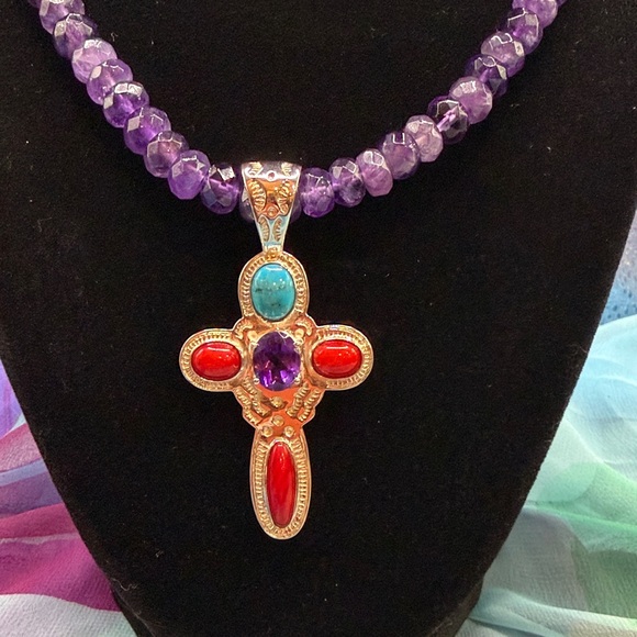 Jay King Jewelry - Jay King Amethyst, Turquoise, Red. Coral, & Sterling Silver Cross Necklace.